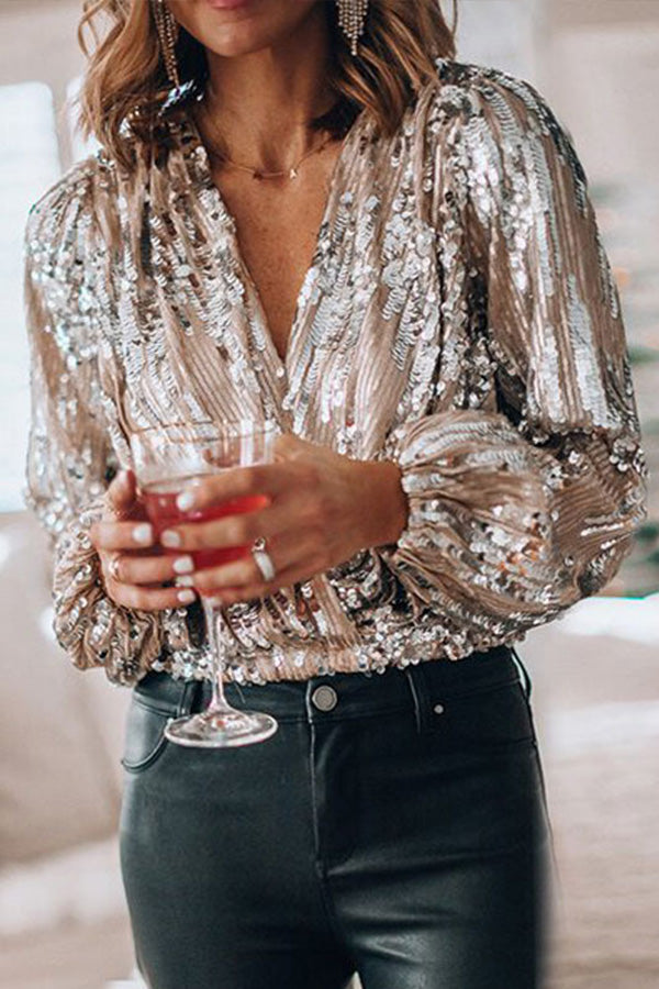 Blouse met V-hals en pailletten voor dames in champagne