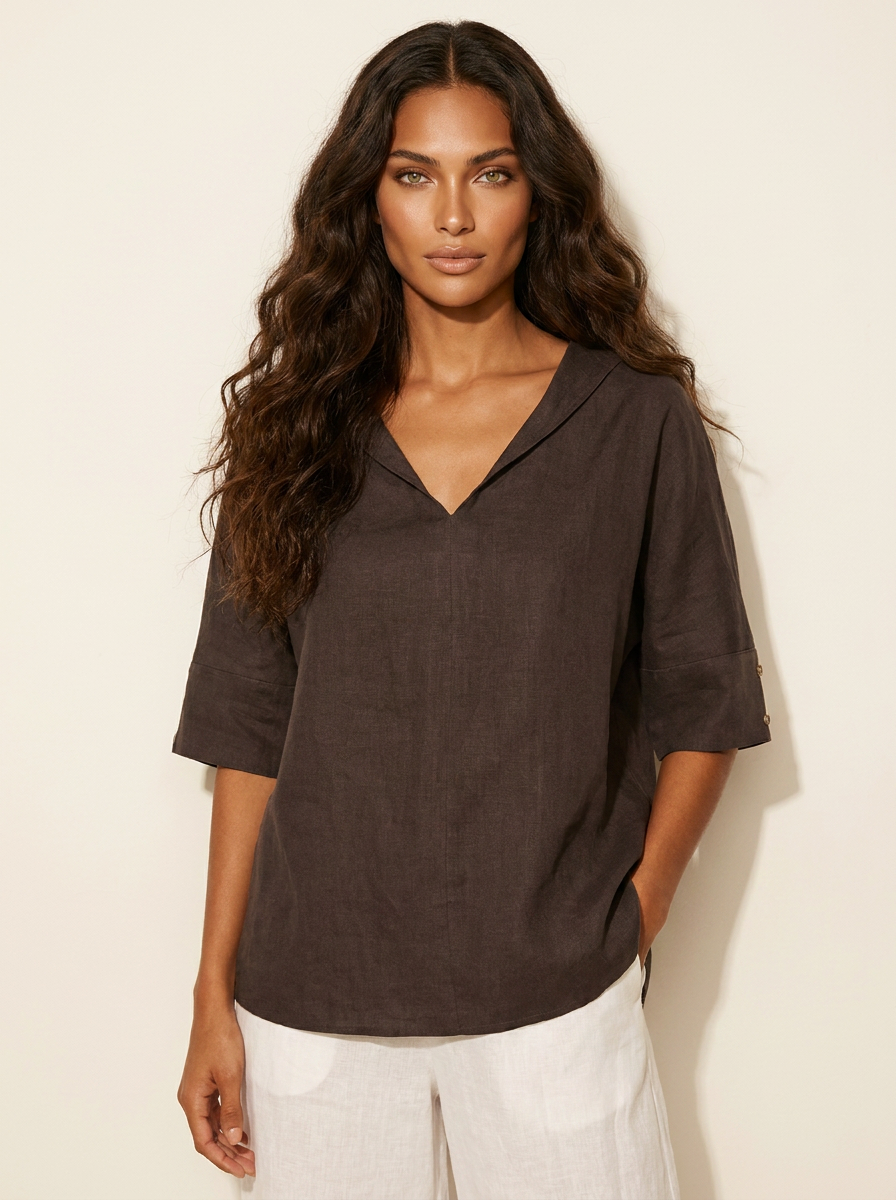 Blouse met V-hals, kraag en losvallende pasvorm voor dames in bruin