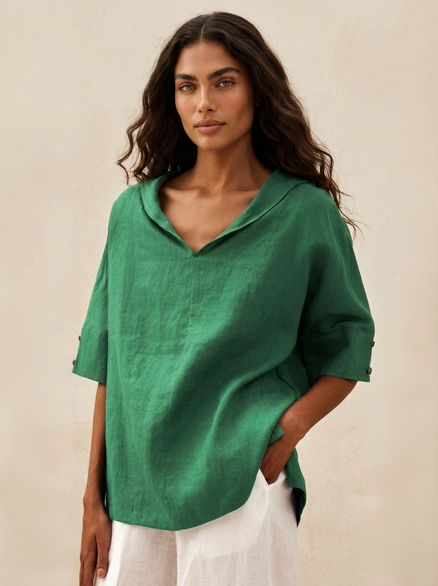 Blouse met V-hals, kraag en losvallende pasvorm voor dames in groen