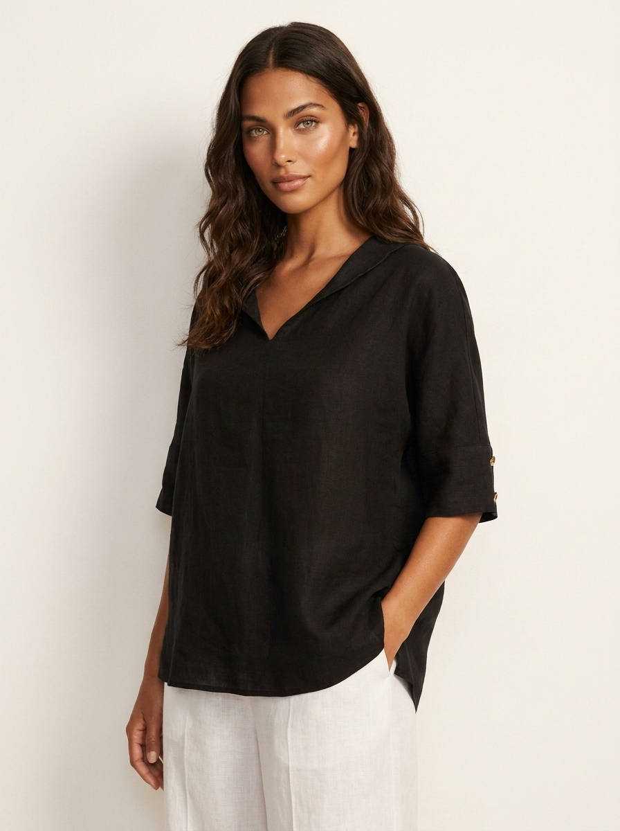 Blouse met V-hals, kraag en losvallende pasvorm voor dames in zwart