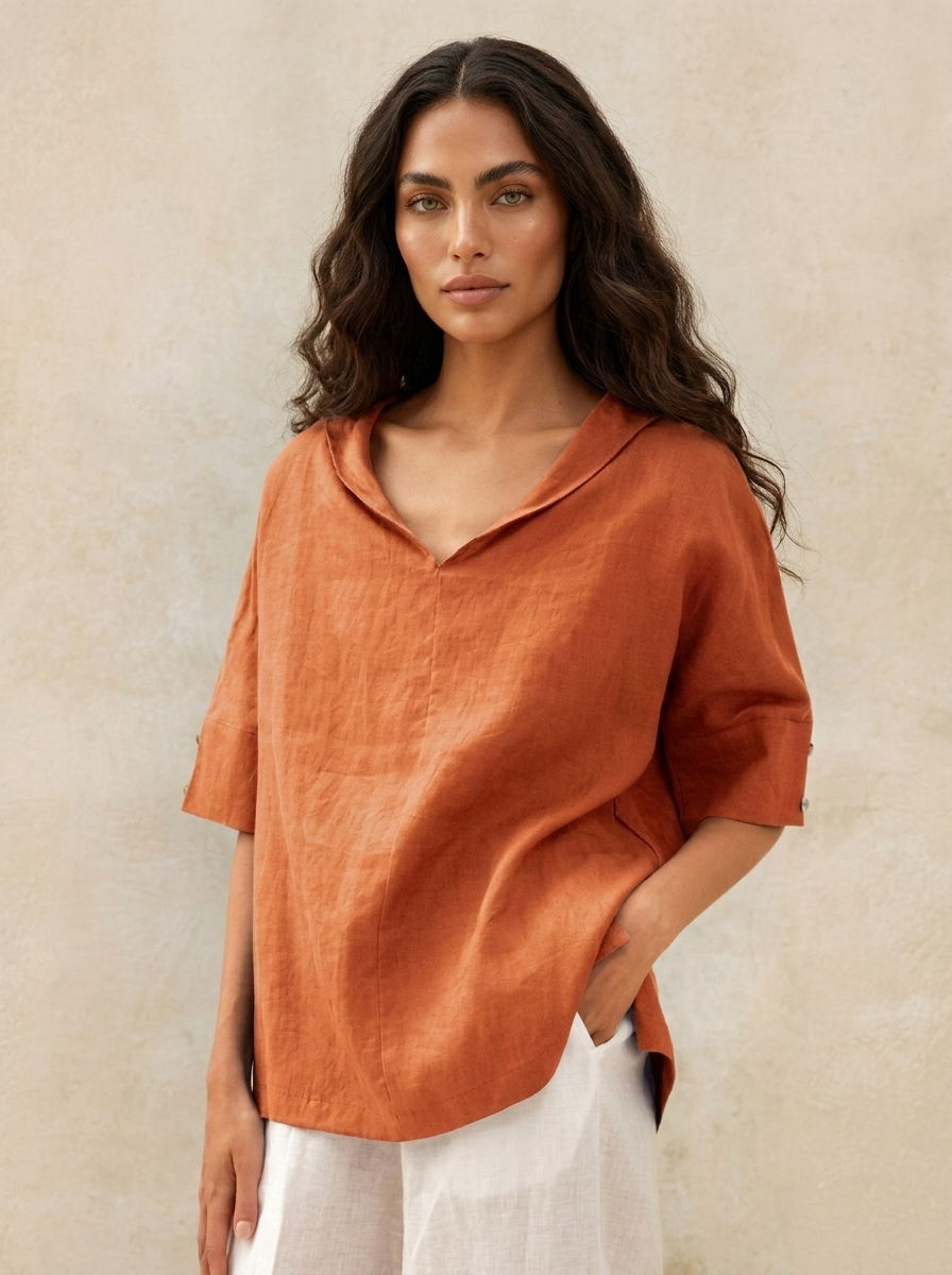 Blouse met V-hals, kraag en losvallende pasvorm voor dames in oranje
