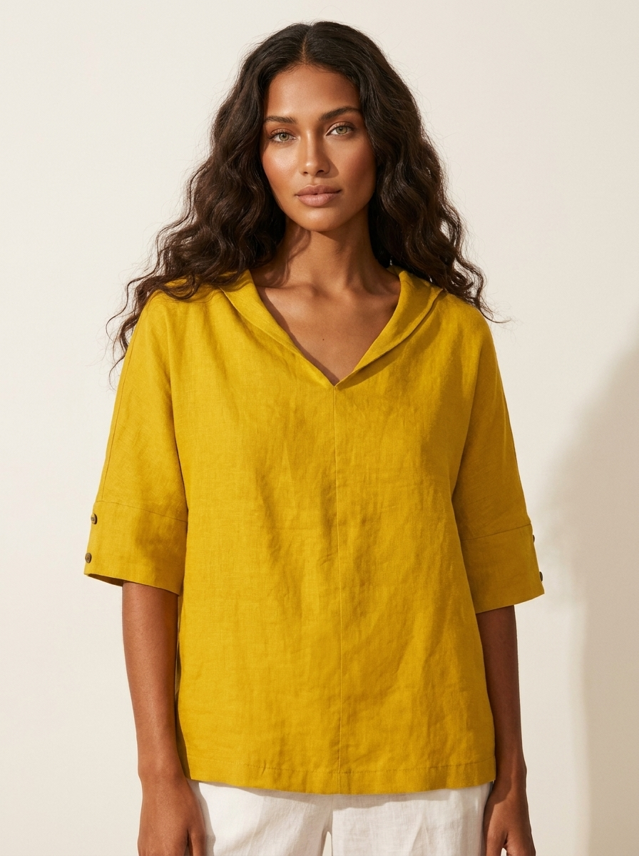 Blouse met V-hals, kraag en losvallende pasvorm voor dames in geel