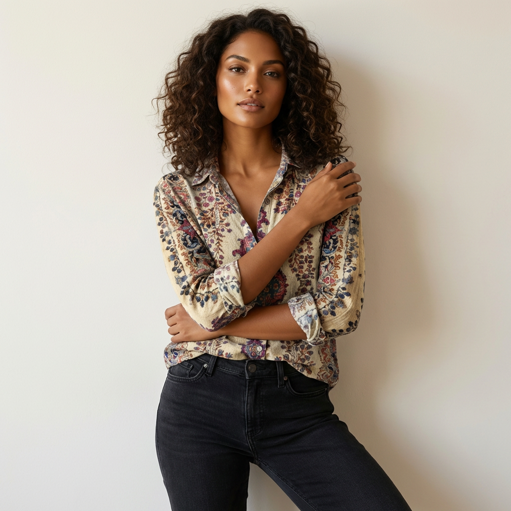 Blouse met vintage bloemenprint in beige
