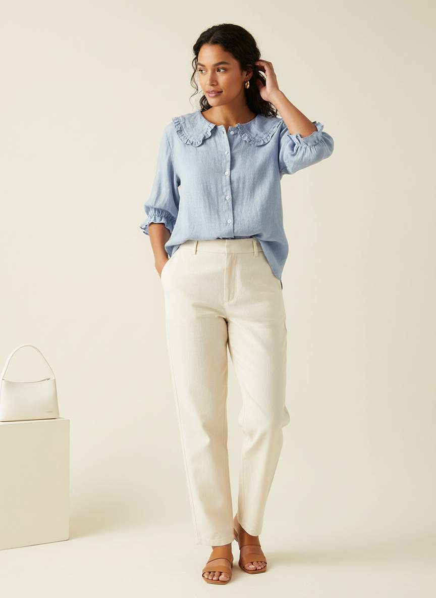 Blouse met volantkraag en ruches in blauw
