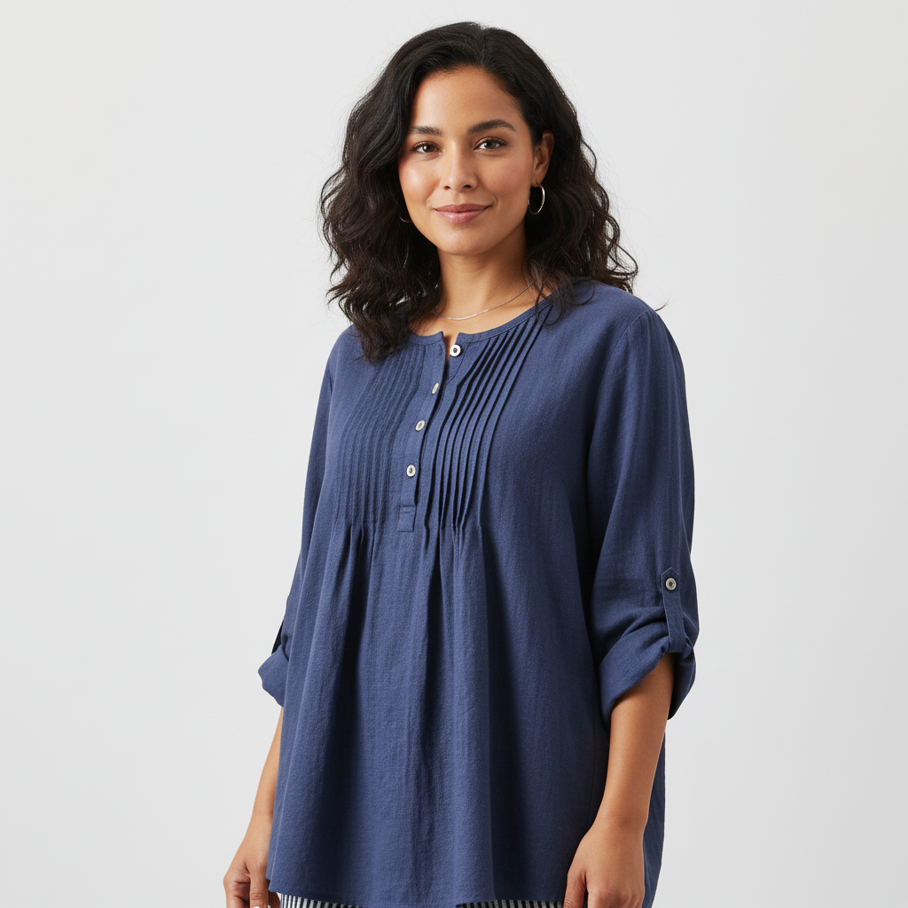 Blouse met plooien en ronde hals in navy