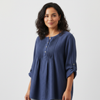 Blouse met plooien en ronde hals in navy