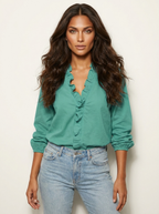 Blouse met ruches, V-hals en manchetten voor dames in groen