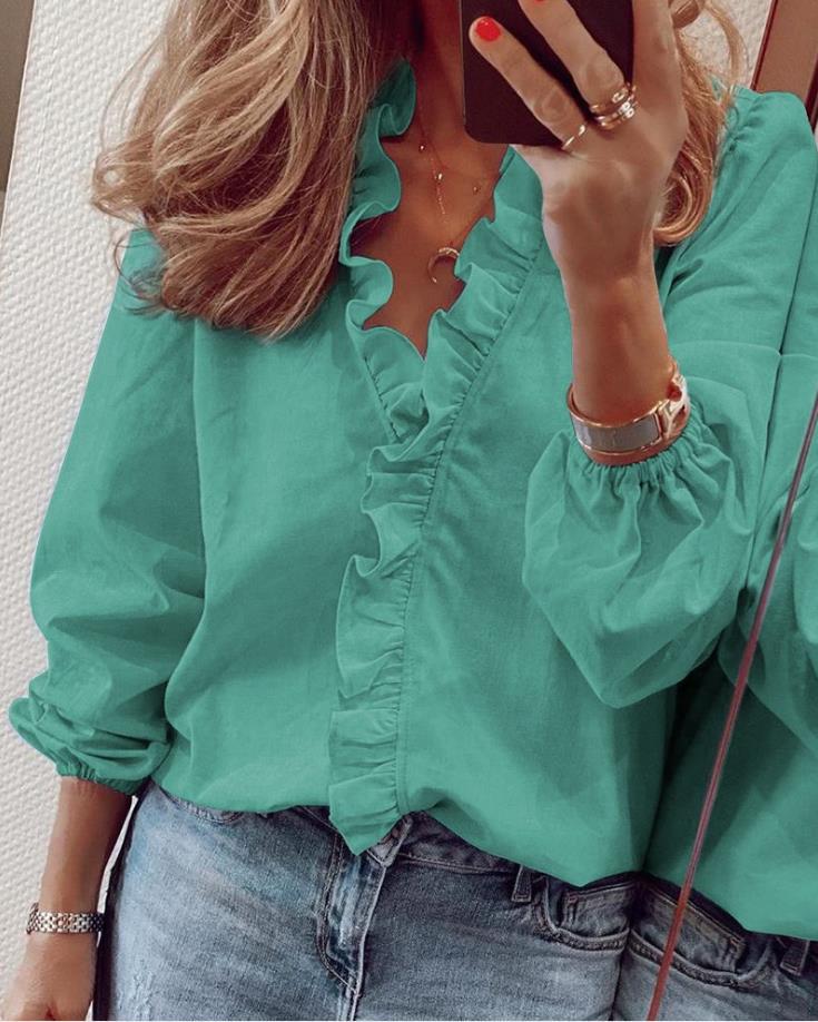 Blouse met ruches, V-hals en manchetten voor dames