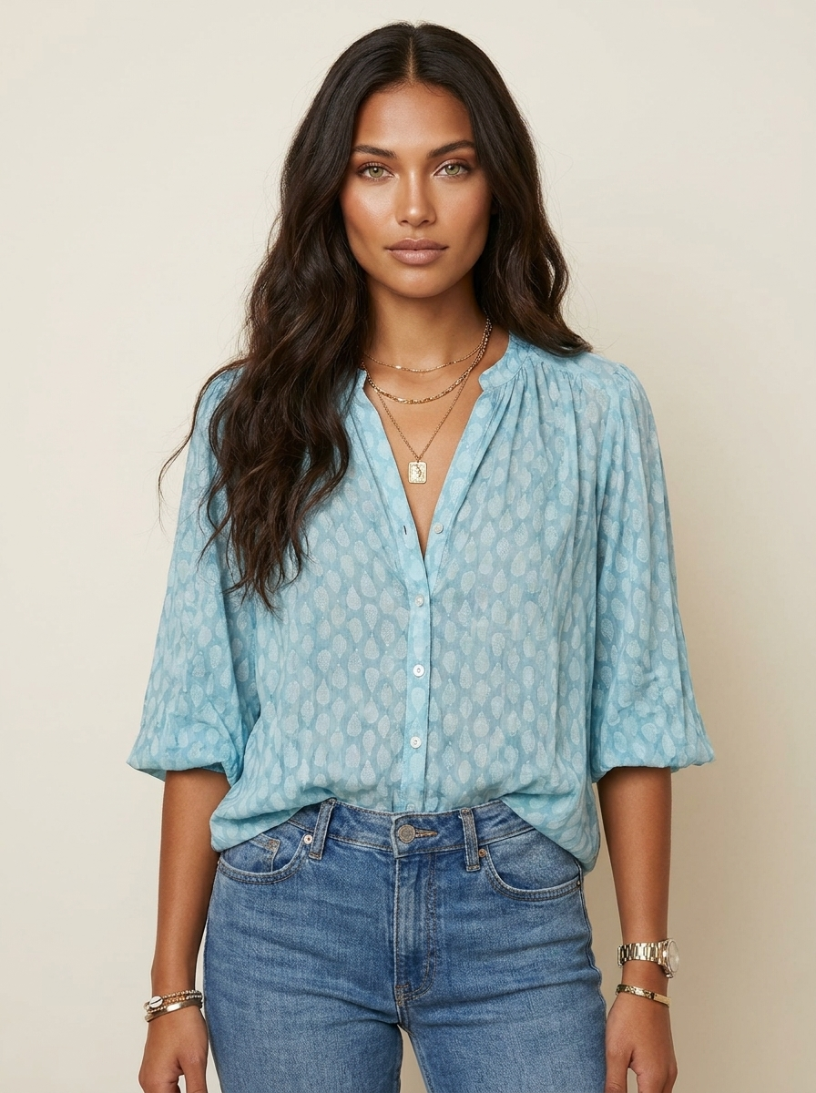 Blouse met subtiele print en losvallende mouwen voor dames in blauw