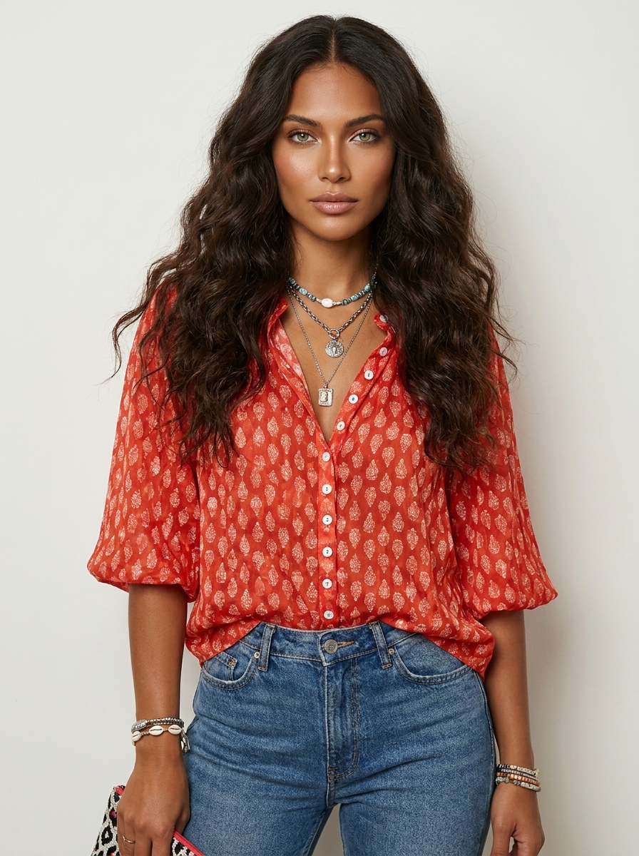 Blouse met subtiele print en losvallende mouwen voor dames in oranje