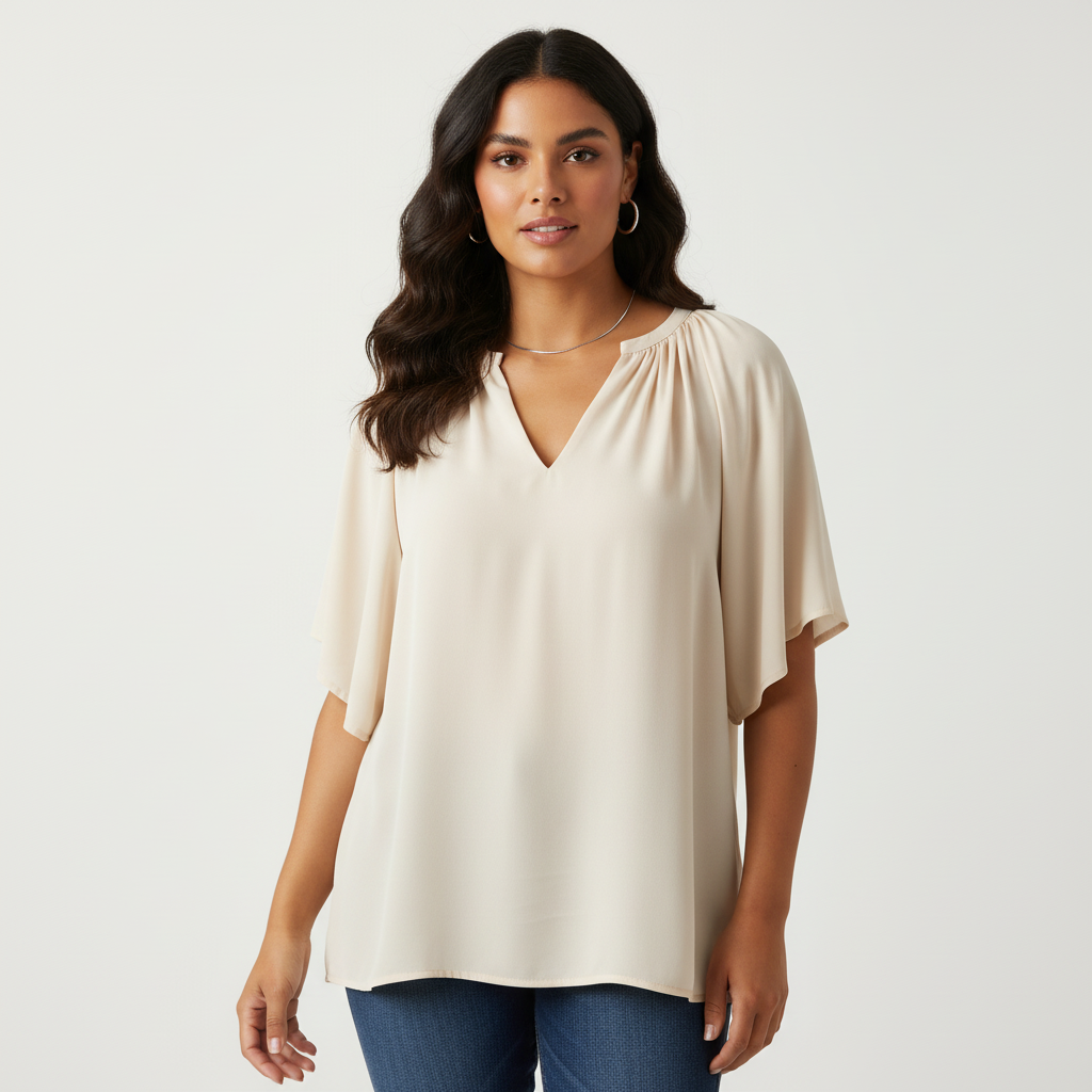 Blouse met v-hals en losse mouwen in beige