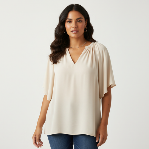 Blouse met v-hals en losse mouwen in beige