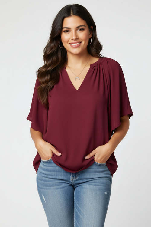 Blouse met v-hals en losse mouwen in rood