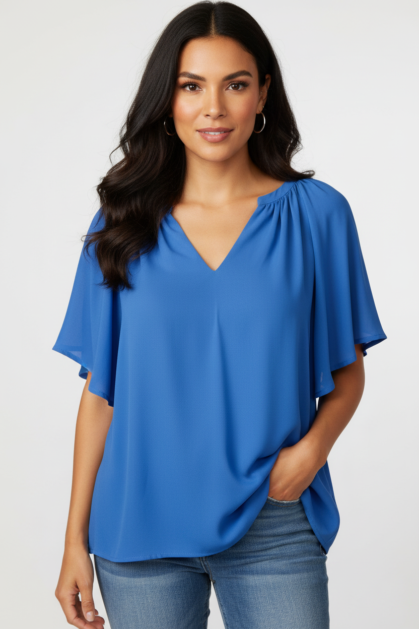 Blouse met v-hals en losse mouwen in blauw
