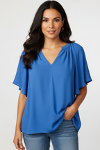 Blouse met v-hals en losse mouwen in blauw