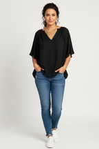 Blouse met v-hals en losse mouwen in zwart