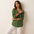 Blouse met V-hals en oprolbare mouwen in groen (bijna uitverkocht)