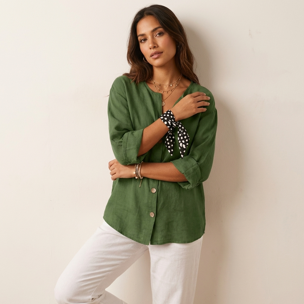Blouse met V-hals en oprolbare mouwen in groen (bijna uitverkocht)