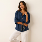 Blouse met V-hals en oprolbare mouwen in marineblauw