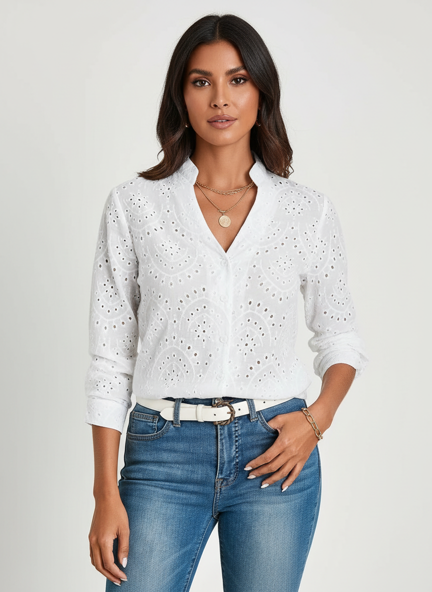 Blouse met V-hals en ajourpatroon
