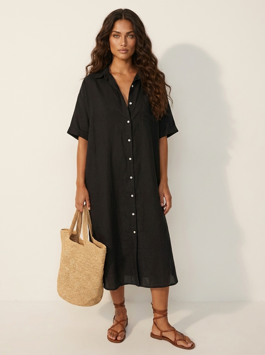 Blousejurk met korte mouwen en losvallend silhouet voor dames in zwart