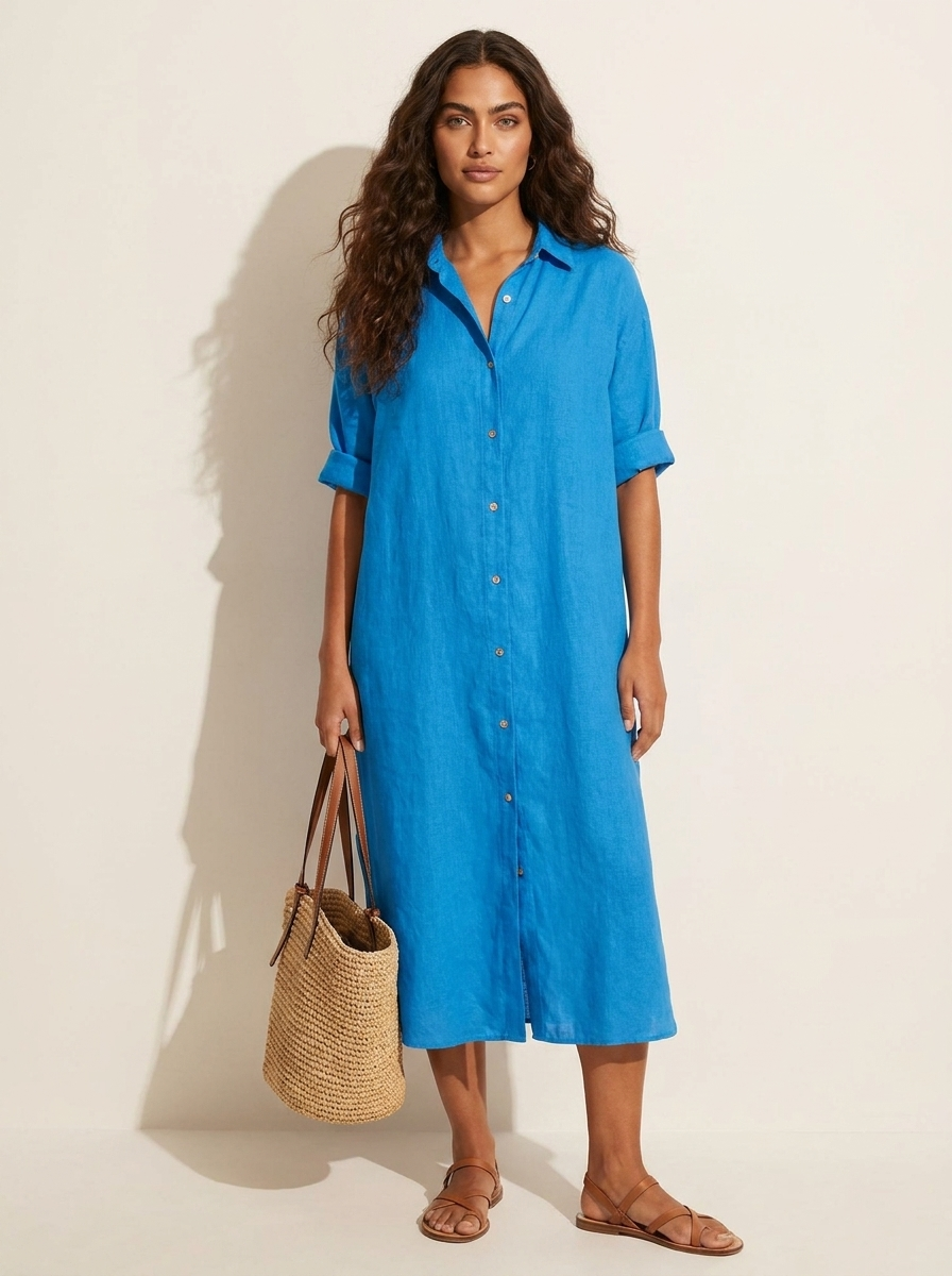 Blousejurk met korte mouwen en losvallend silhouet voor dames in blauw