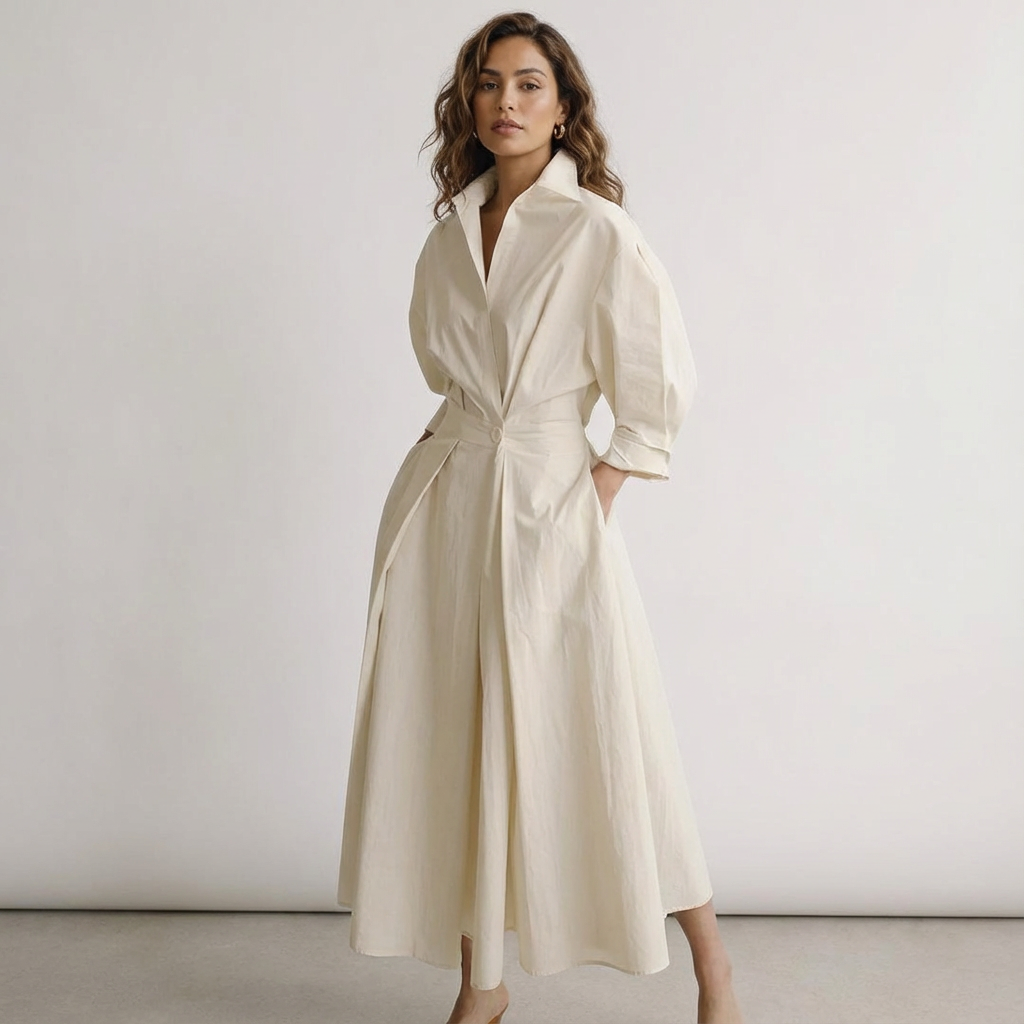 Lange blousejurk met getailleerde taille en manchetten voor dames in beige