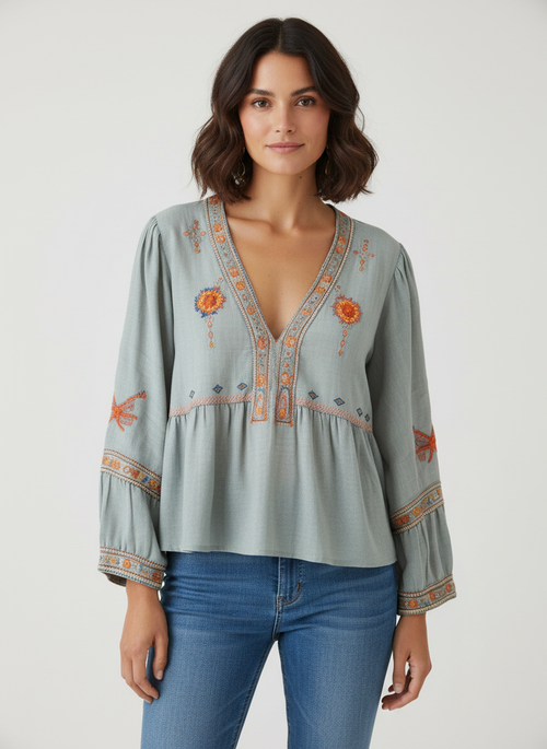 Bohemian blouse met borduursels en v-hals in blauw