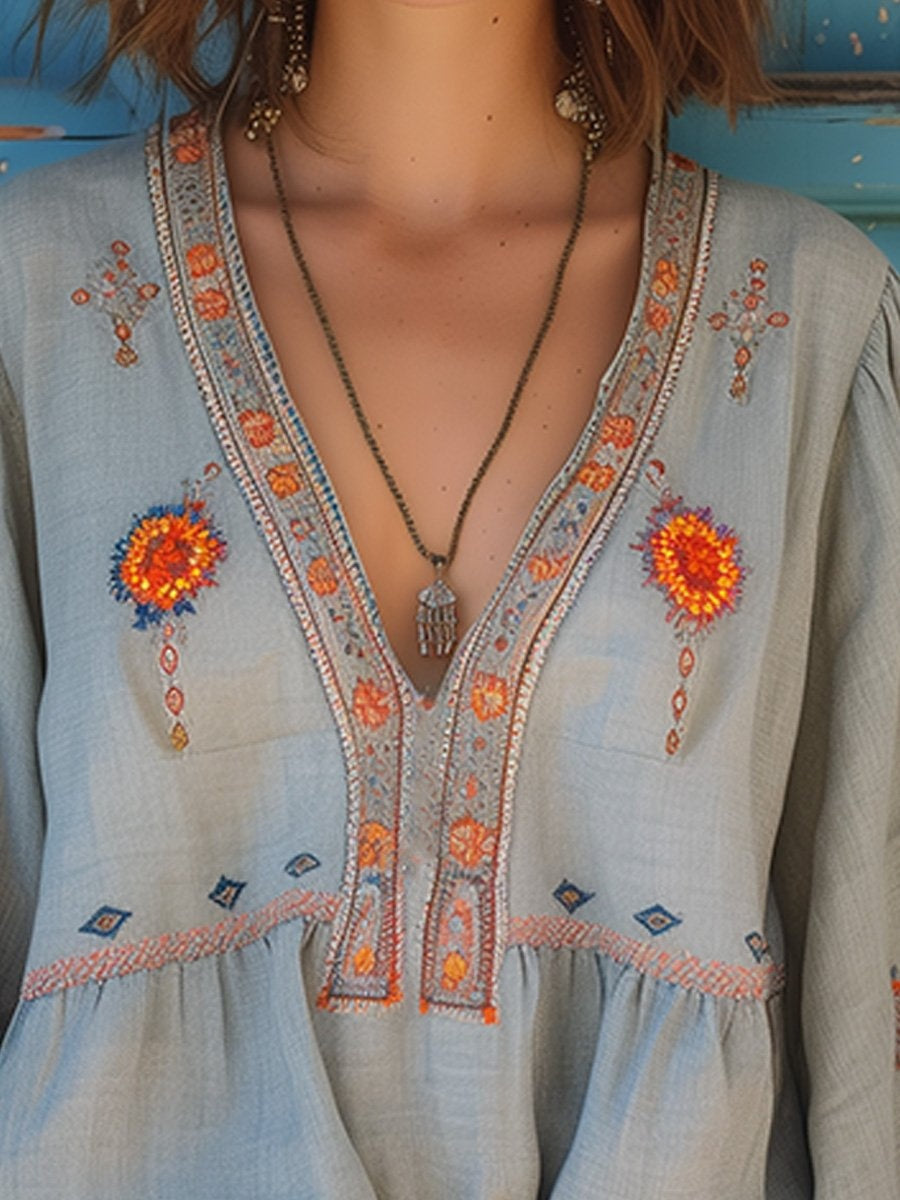 Bohemian blouse met borduursels en v-hals