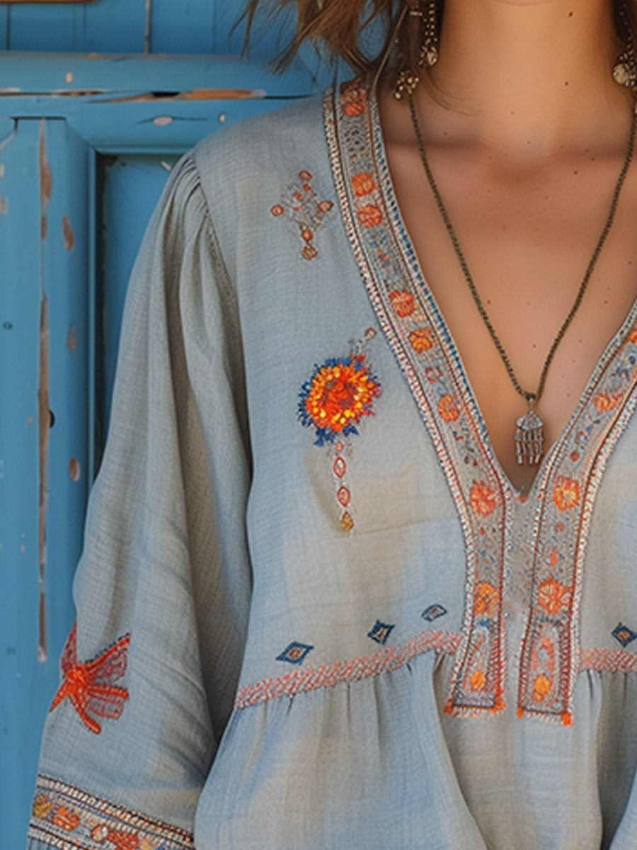 Bohemian blouse met borduursels en v-hals