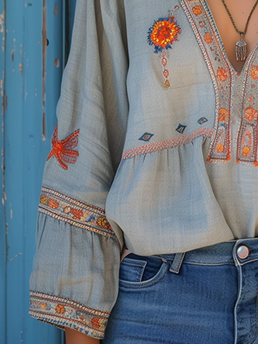 Bohemian blouse met borduursels en v-hals