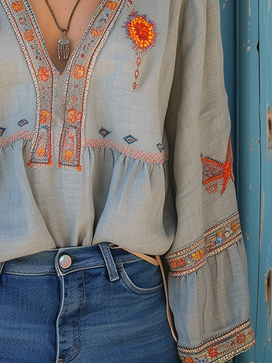 Bohemian blouse met borduursels en v-hals