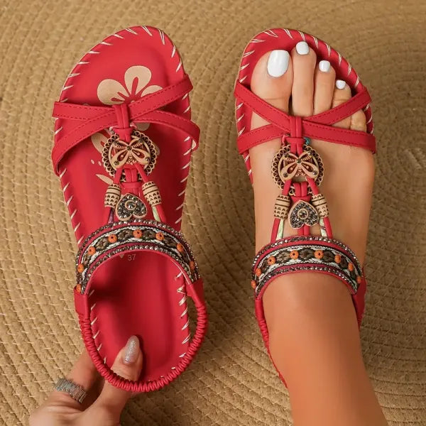 Bohemian sandalen met kralen en hangers in toledo rood