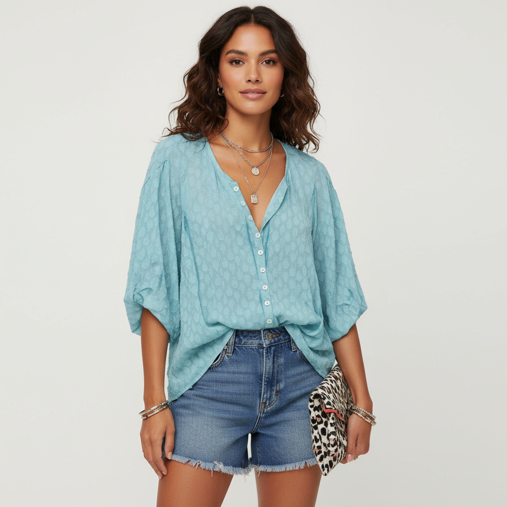 Boho blouse met print en knoopsluiting in blauw