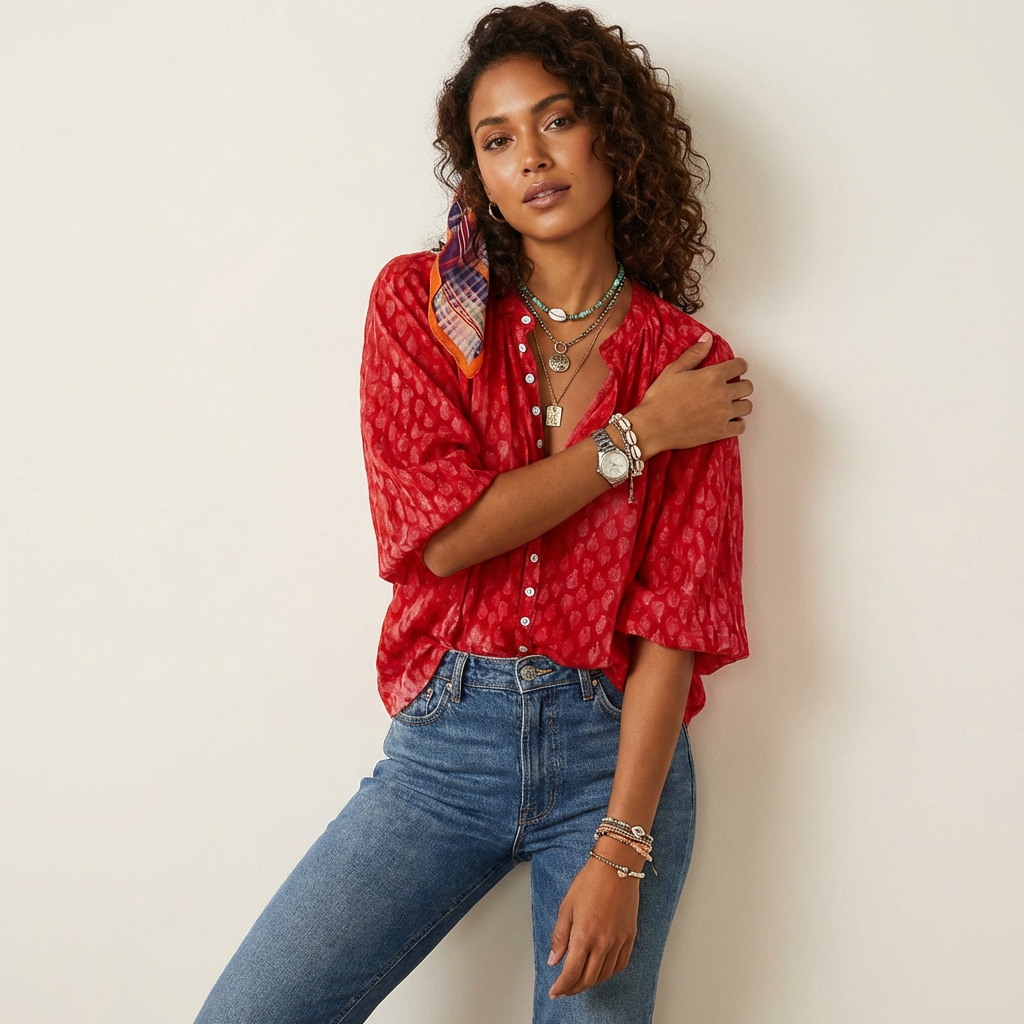 Boho blouse met print en knoopsluiting in rood