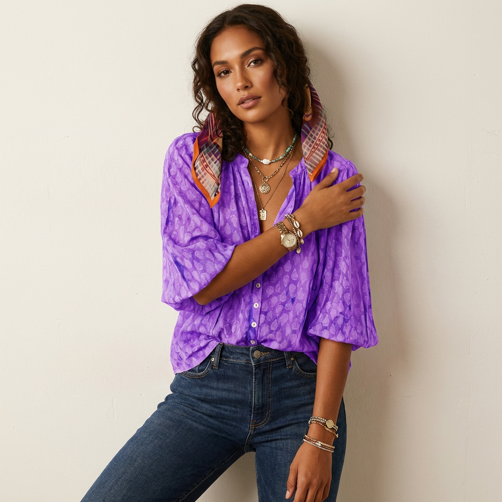 Boho blouse met print en knoopsluiting in lila
