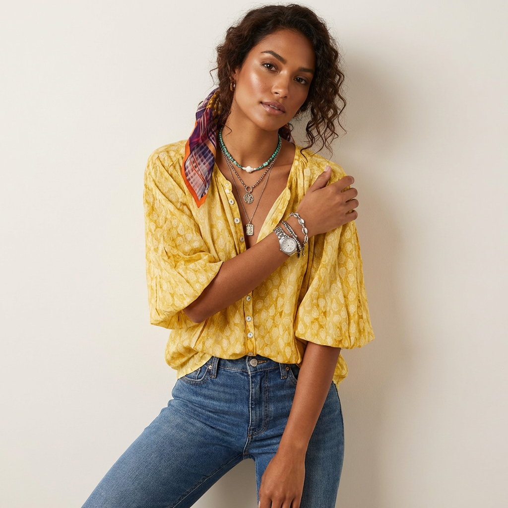 Boho blouse met print en knoopsluiting in geel
