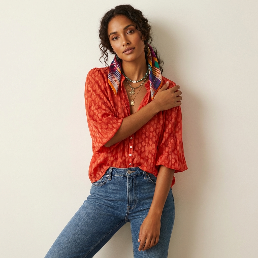 Boho blouse met print en knoopsluiting in oranje
