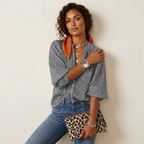 Boho blouse met print en knoopsluiting in grijs