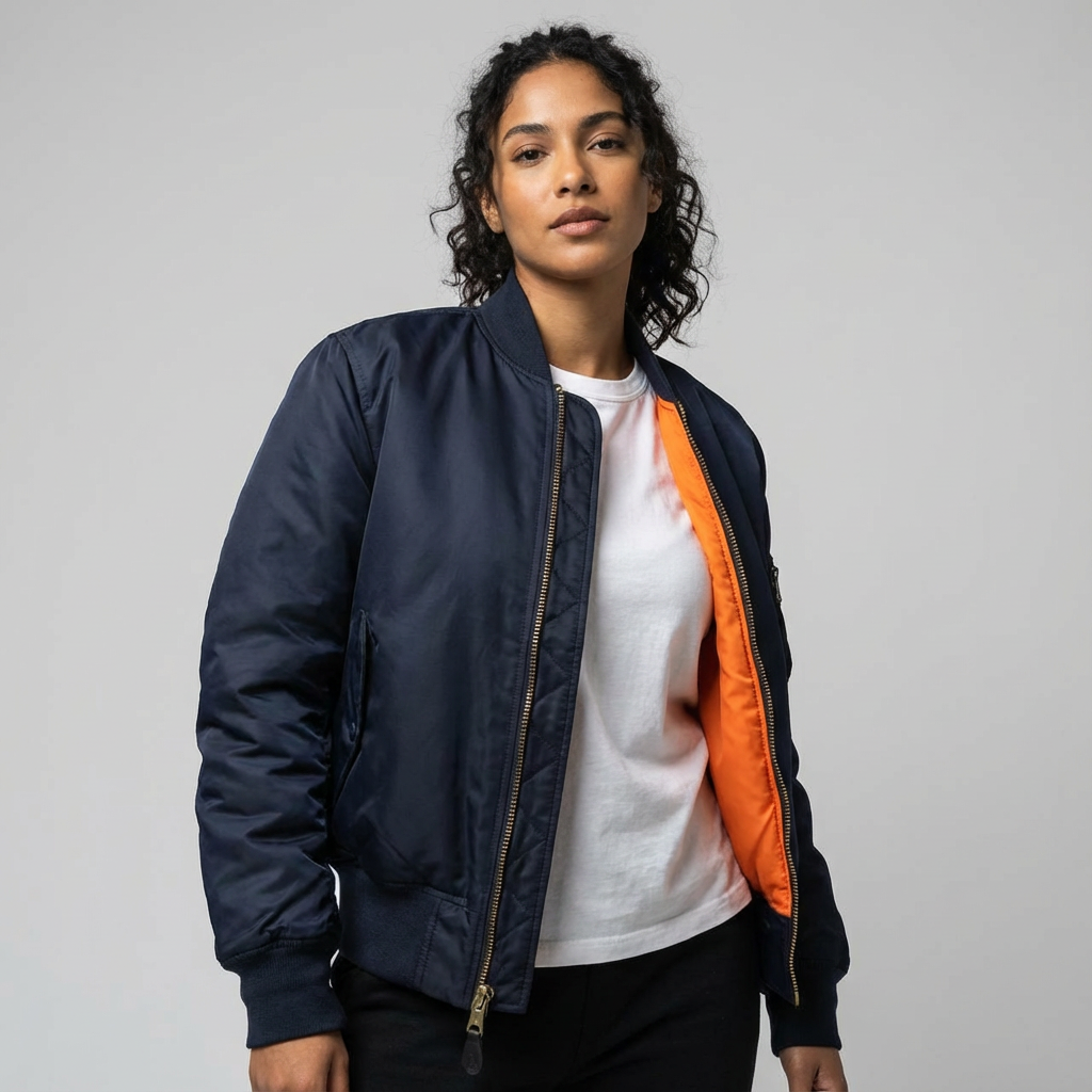 Bomberjack met glanzende afwerking en stevige boorden in marineblauw