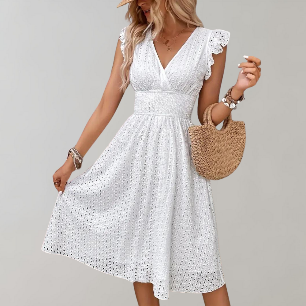 Broderie jurk met V-hals en ruchesmouwen voor dames in wit