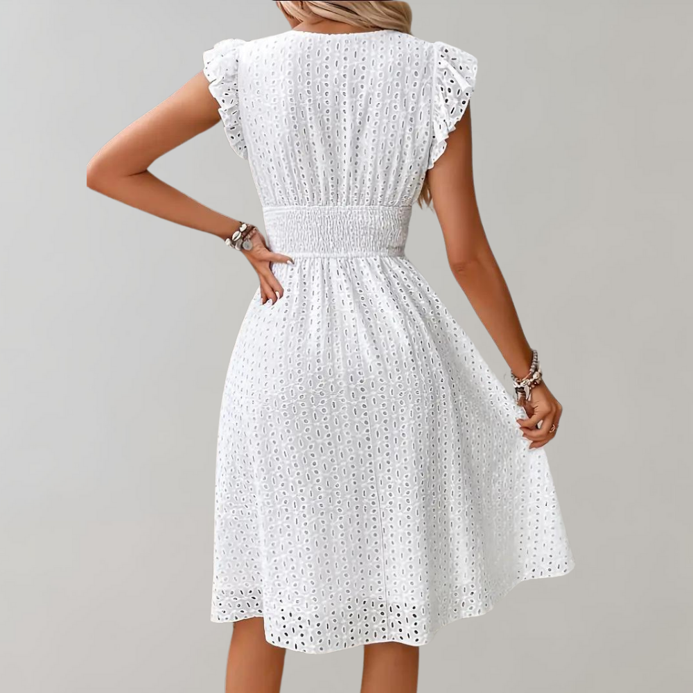 Broderie jurk met V-hals en ruchesmouwen voor dames in wit
