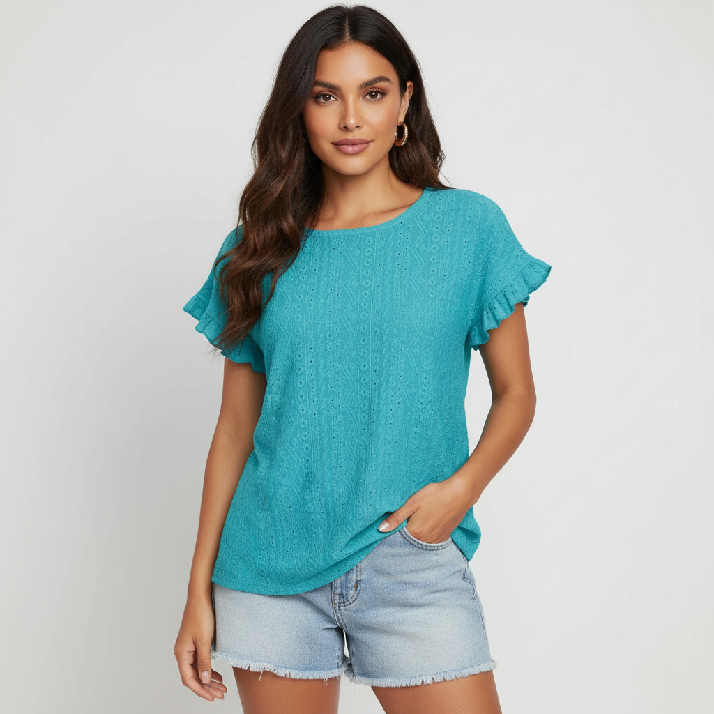 Luchtige broderie top met losvallende pasvorm voor dames in turquoise