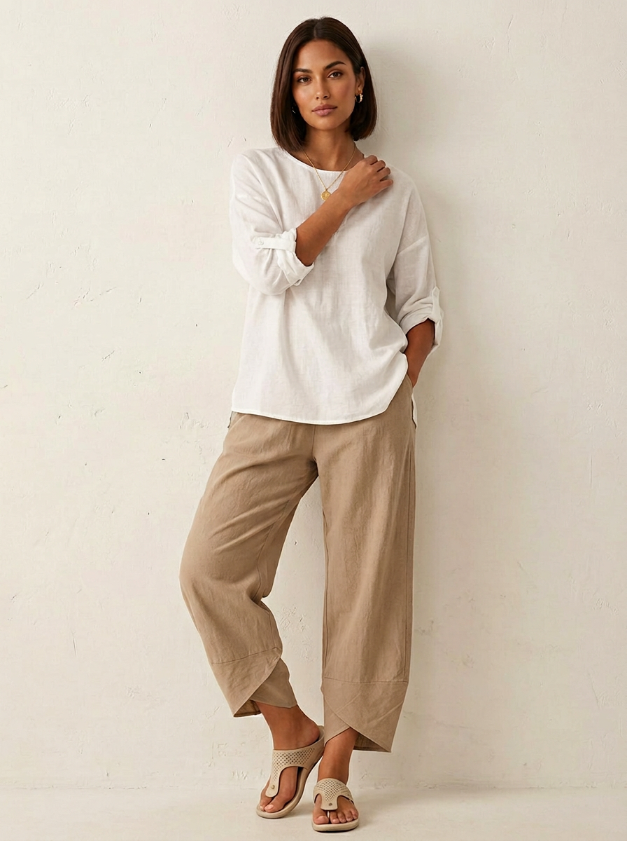 Broek met losvallende pijpen en elastische taille in khaki