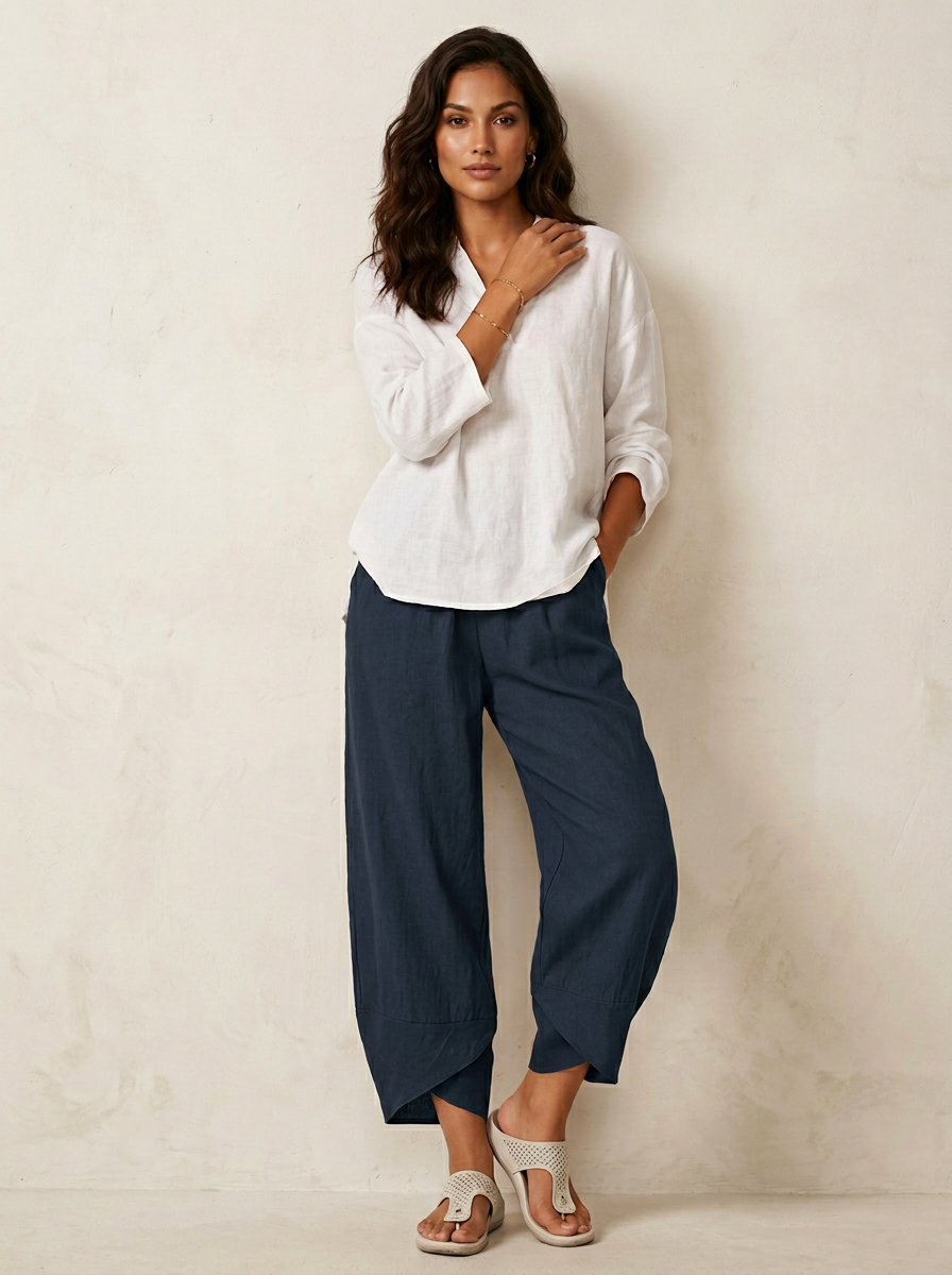 Broek met losvallende pijpen en elastische taille in marine blauw