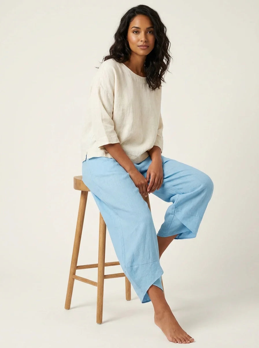 Broek met losvallende pijpen en elastische taille in blauw