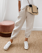 Broek met relaxte pasvorm in katoen-linnenstof voor dames in khaki