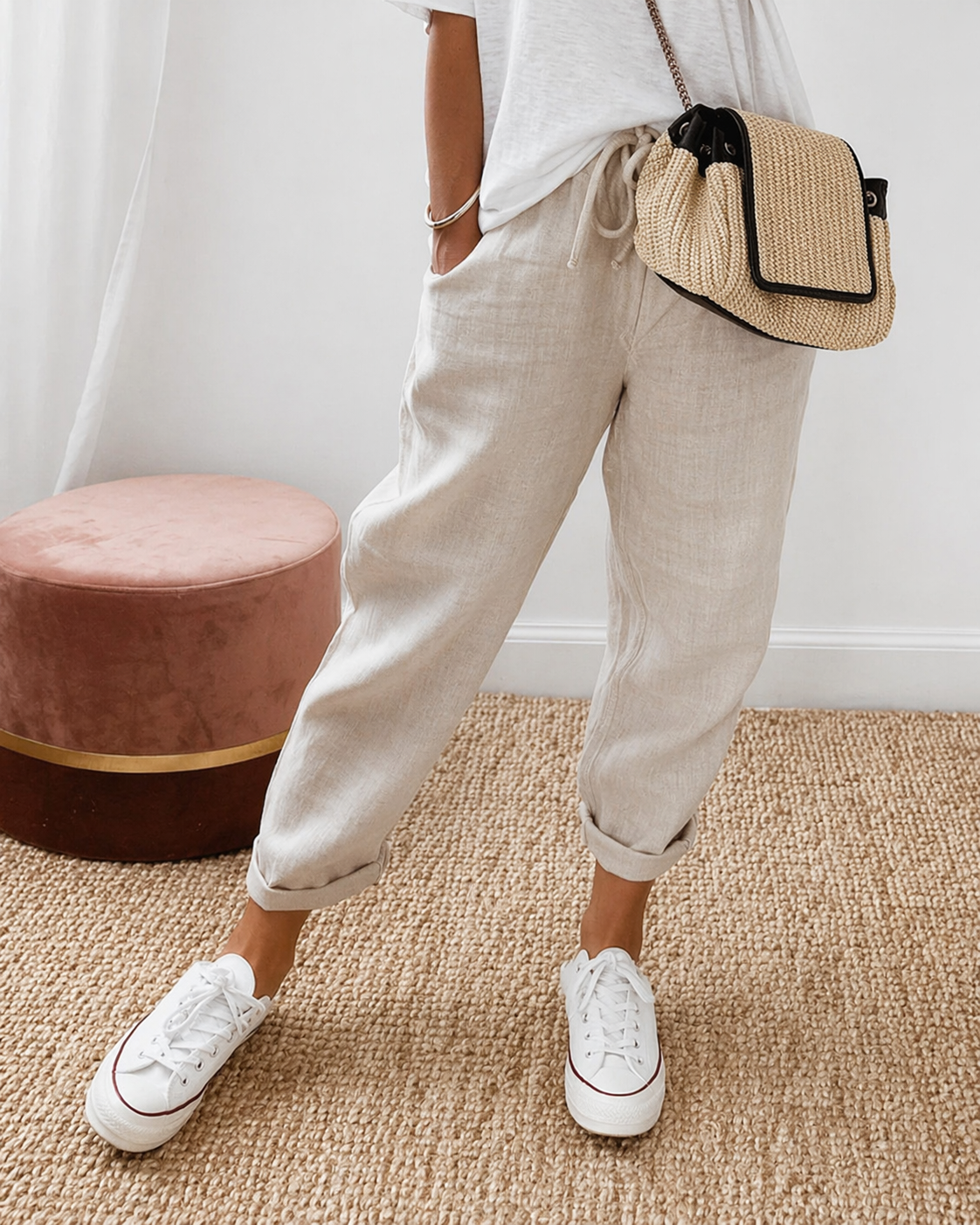Broek met relaxte pasvorm in katoen-linnenstof voor dames in khaki