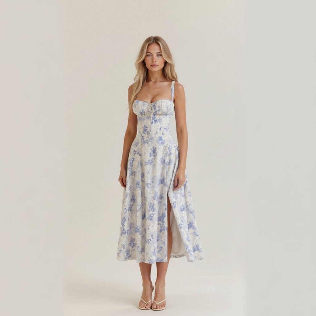 Bustier midi jurk met bloemenprint en split in blauw