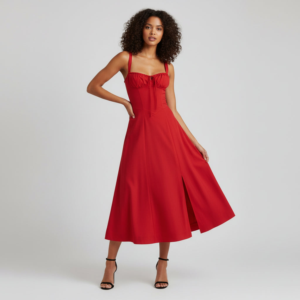 Bustier midi jurk met bloemenprint en split in rood